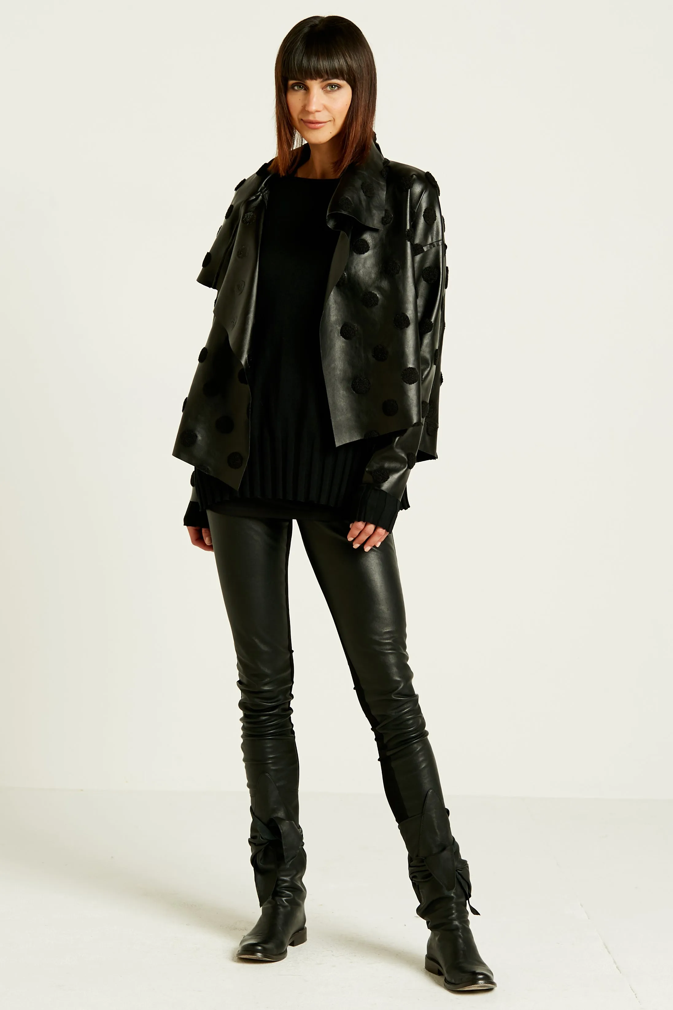 Vegan Leather Cropped Asymmetrical Dots Jacket