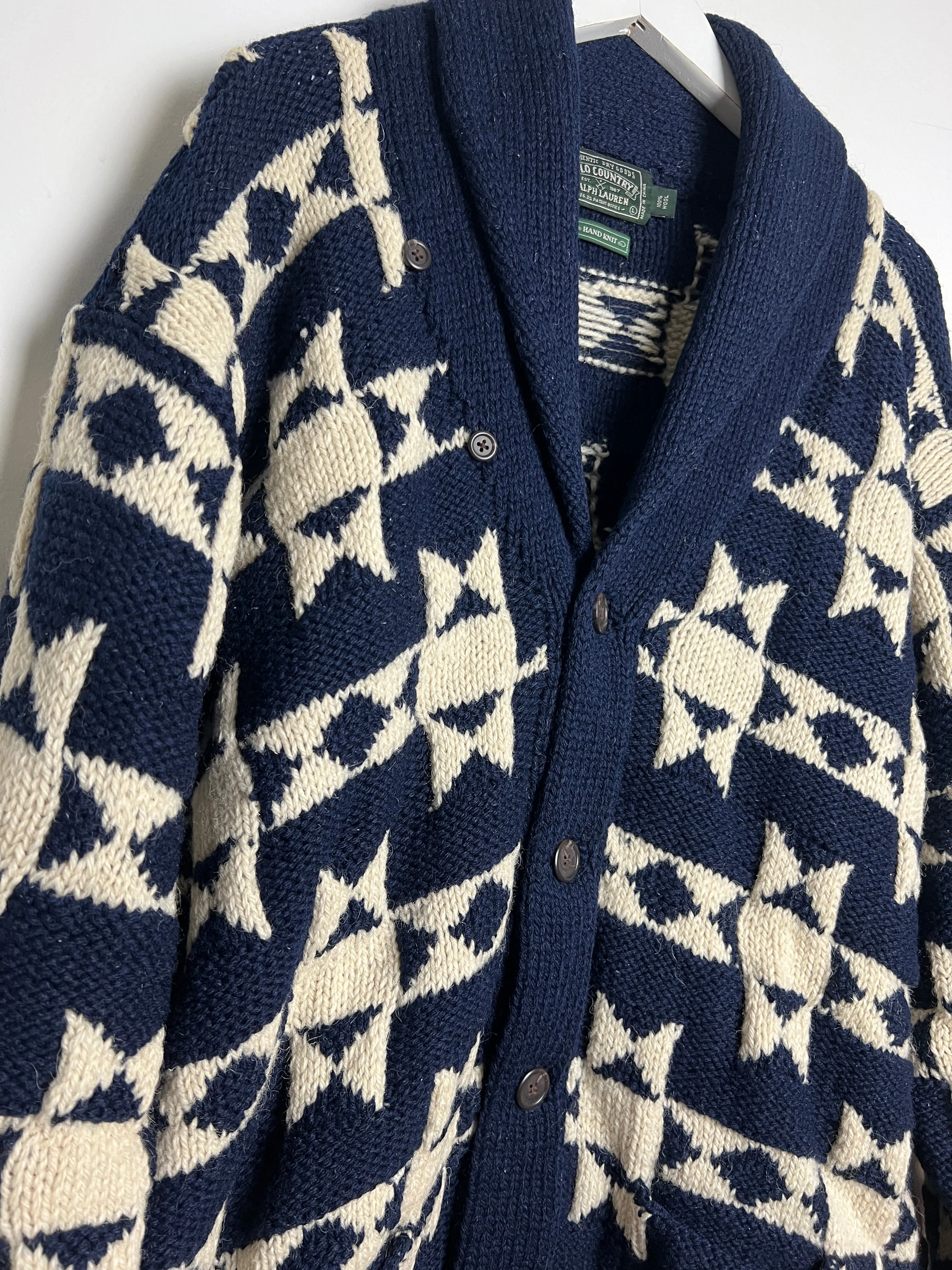 Vintage Chunky Hand Knit Intarsia Cardigan Sweater