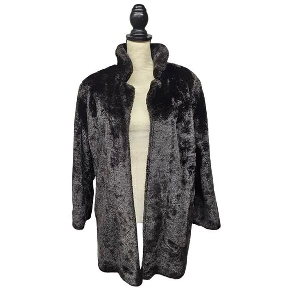 Vintage Faux Fur Hand Sewn Open Front Jacket Womens XL Brown Outerwear Winter