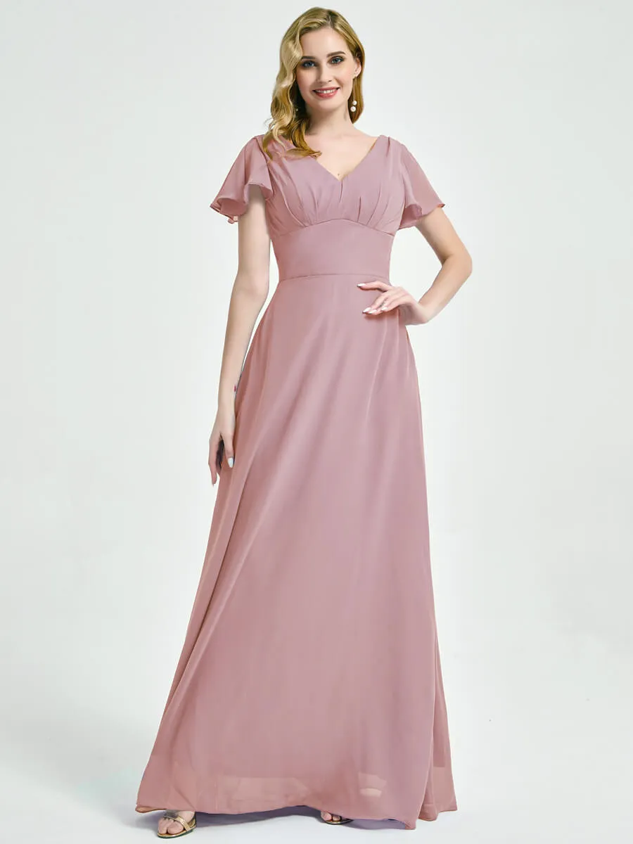 Vintage Mauve Ruffle Sleeve Backless Chiffon Empire Bridesmaid Dresses