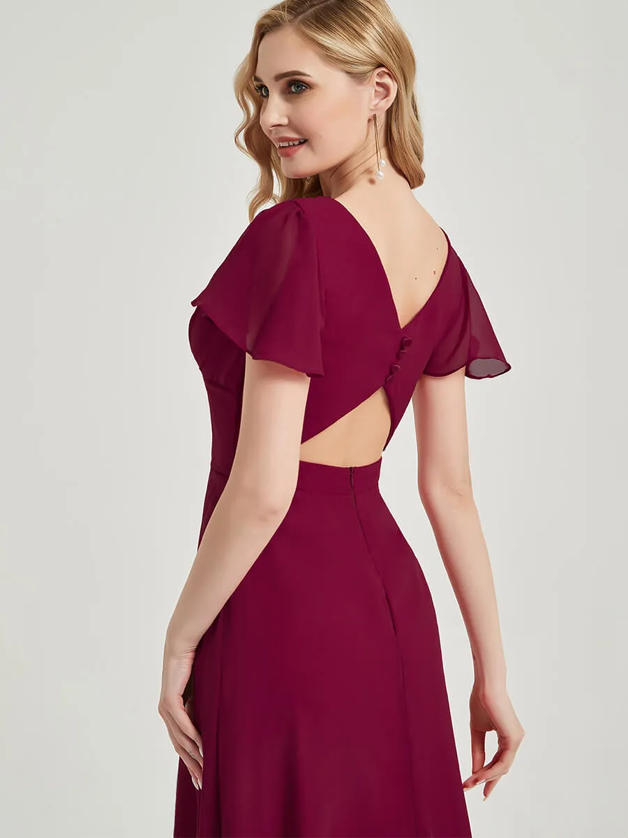 Vintage Mauve Ruffle Sleeve Backless Chiffon Empire Bridesmaid Dresses