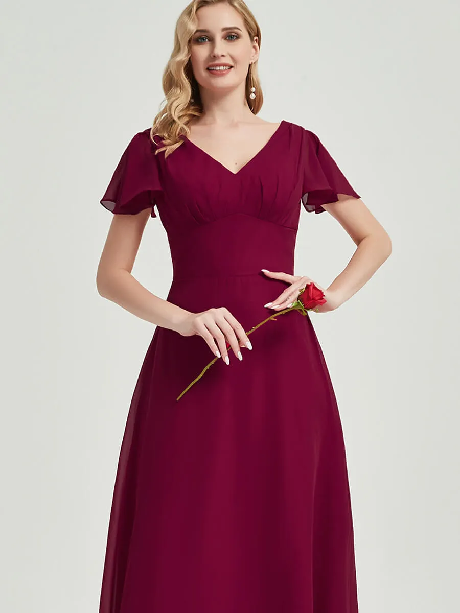 Vintage Mauve Ruffle Sleeve Backless Chiffon Empire Bridesmaid Dresses
