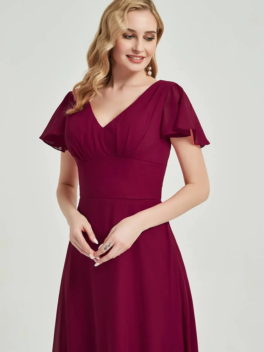 Vintage Mauve Ruffle Sleeve Backless Chiffon Empire Bridesmaid Dresses
