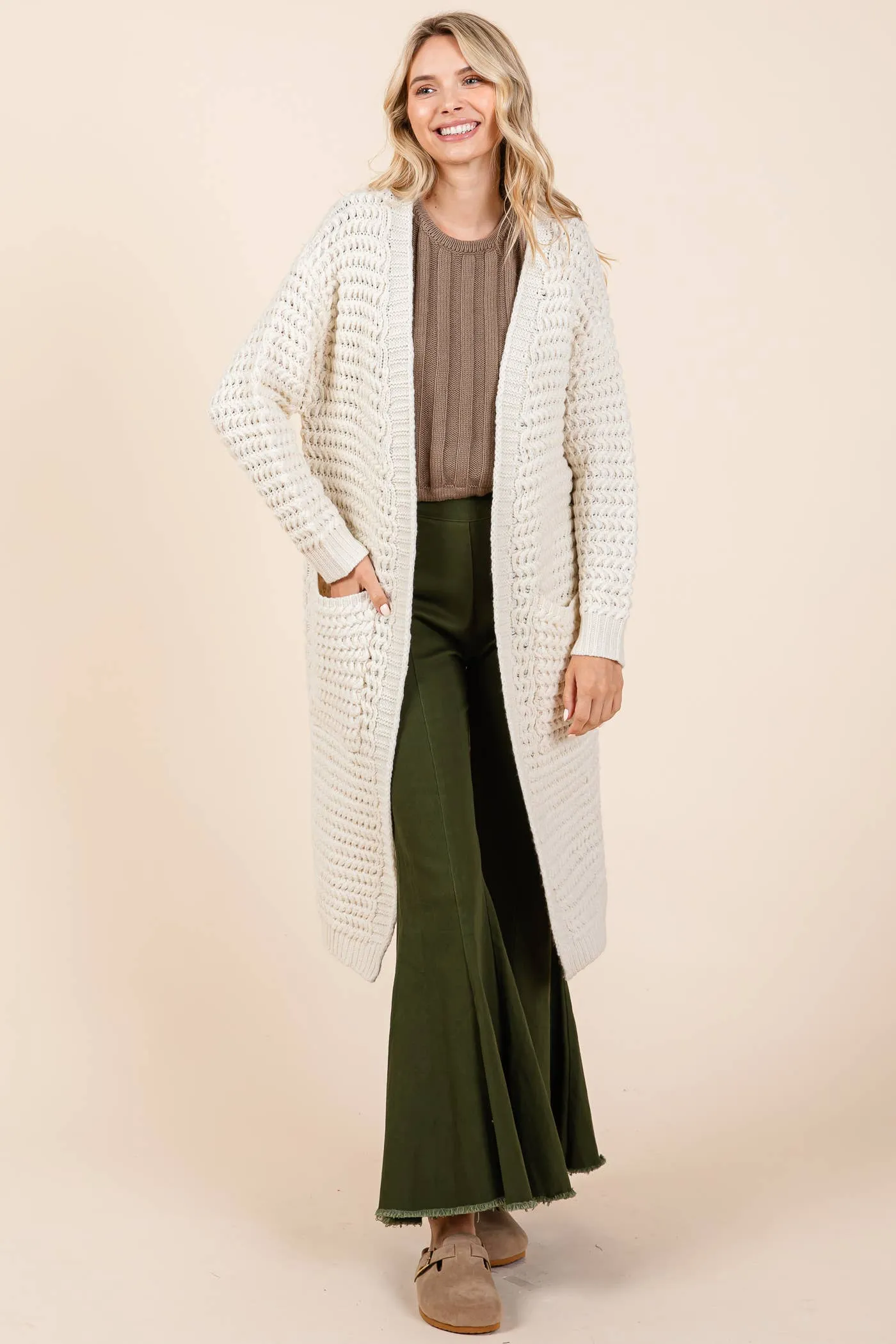 Waffle Knit Long-Body Cardigan