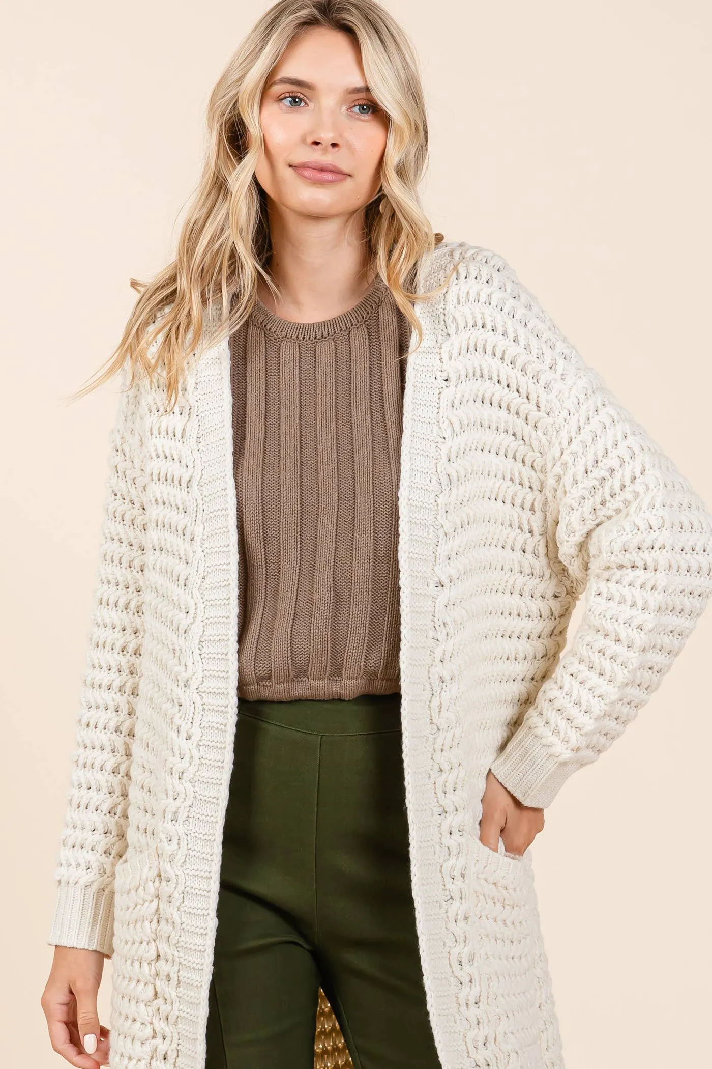 Waffle Knit Long-Body Cardigan