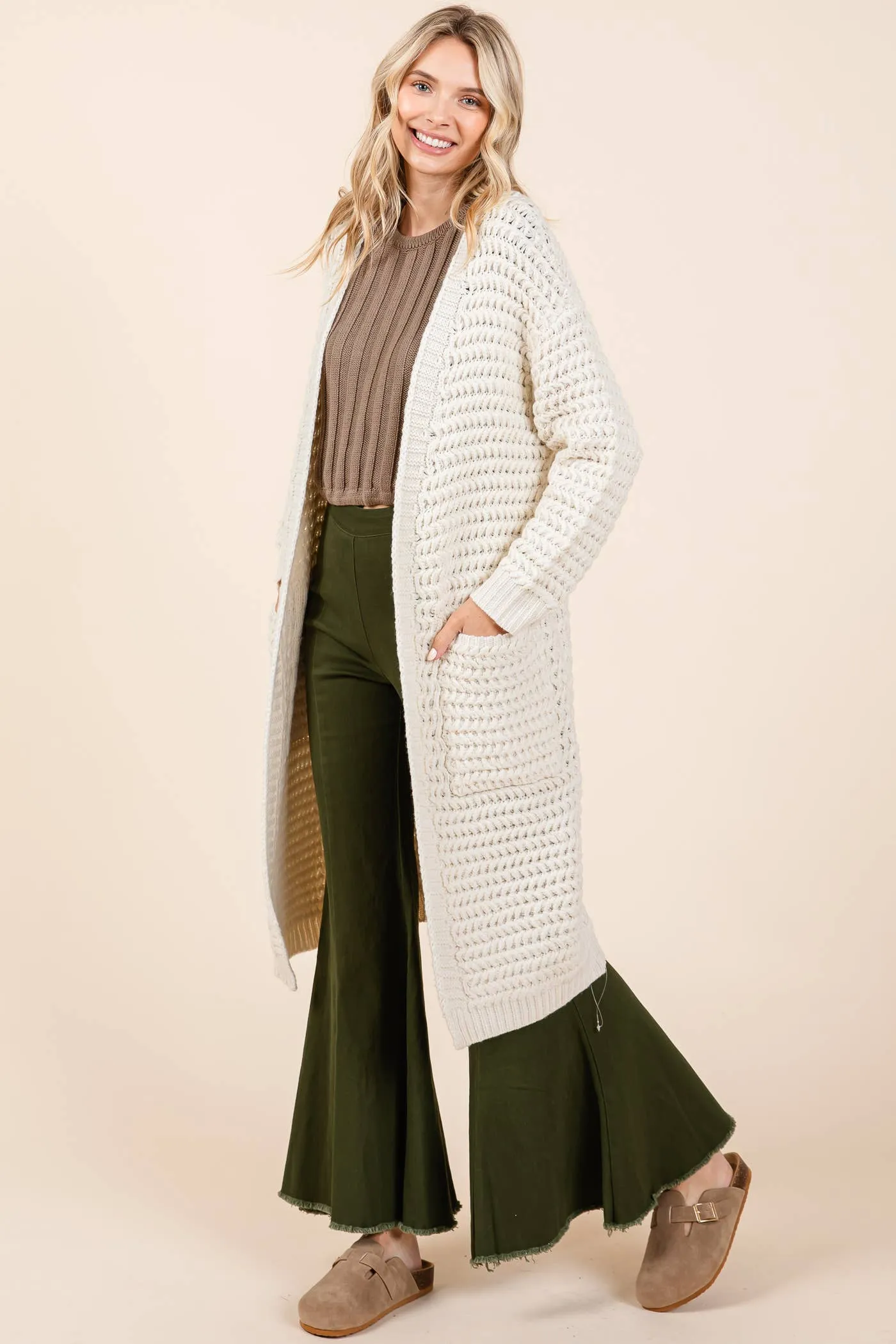 Waffle Knit Long-Body Cardigan