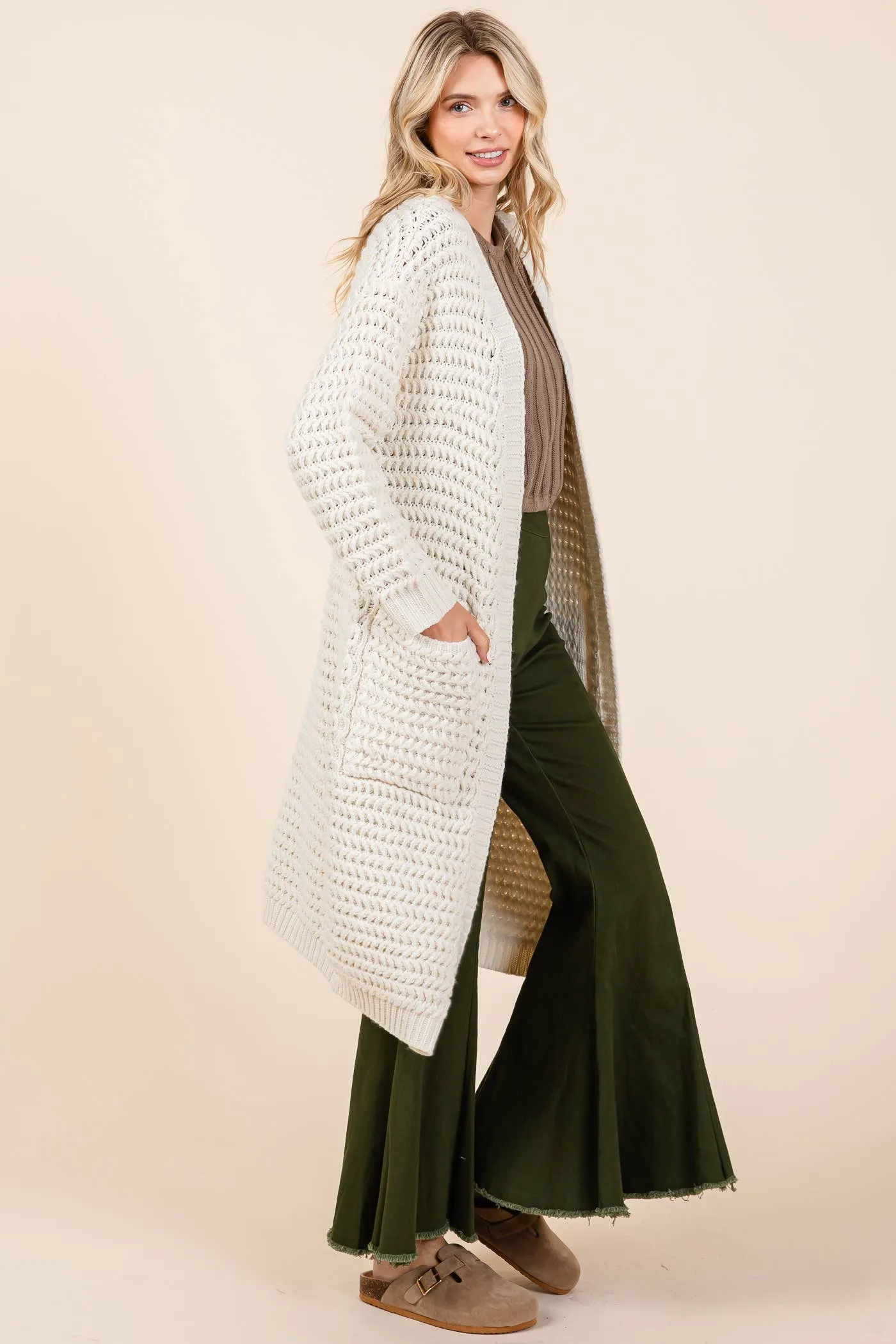 Waffle Knit Long-Body Cardigan