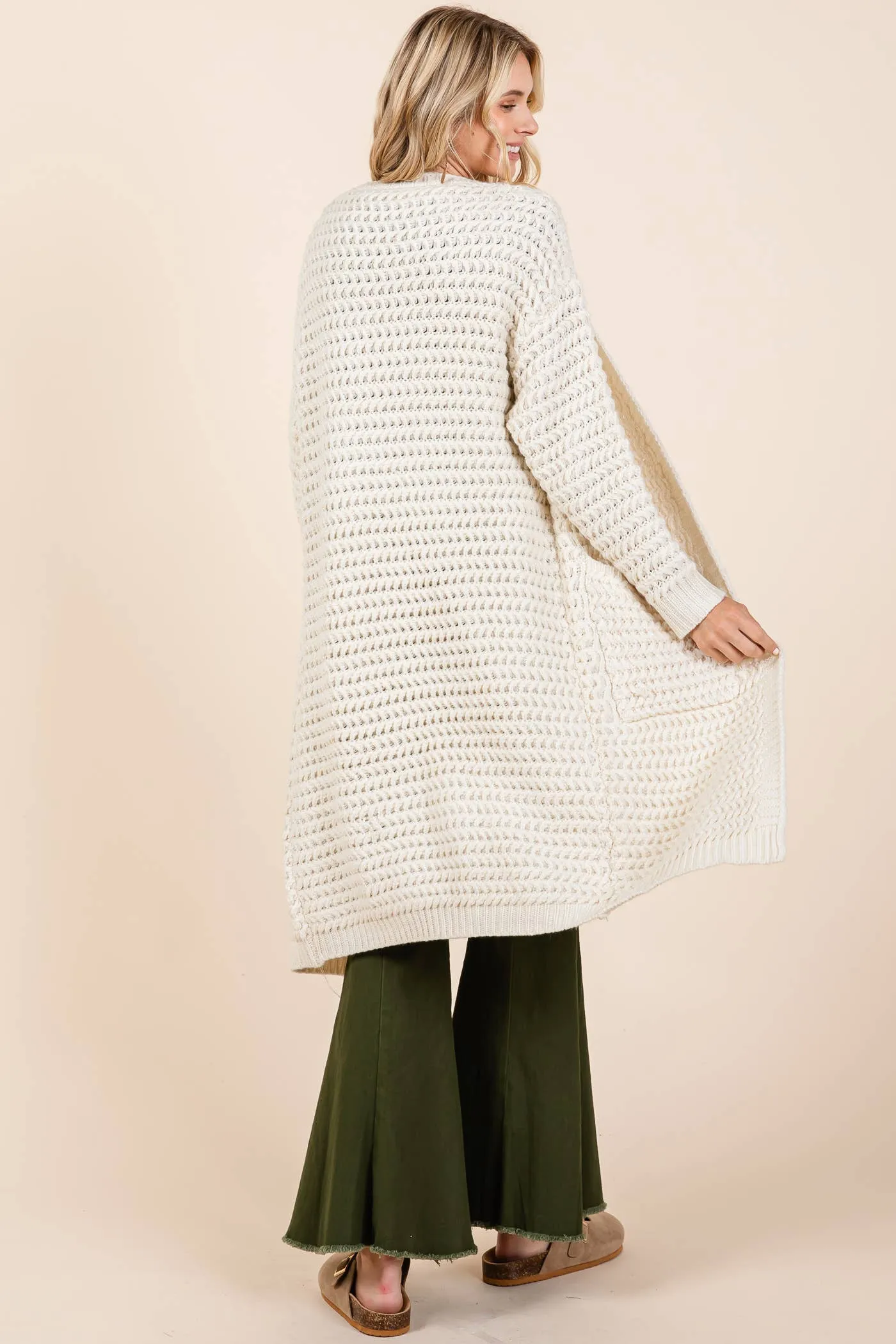 Waffle Knit Long-Body Cardigan