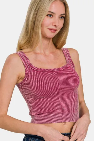 Washed Ribbed Scoop Neck Wide Strap Tank