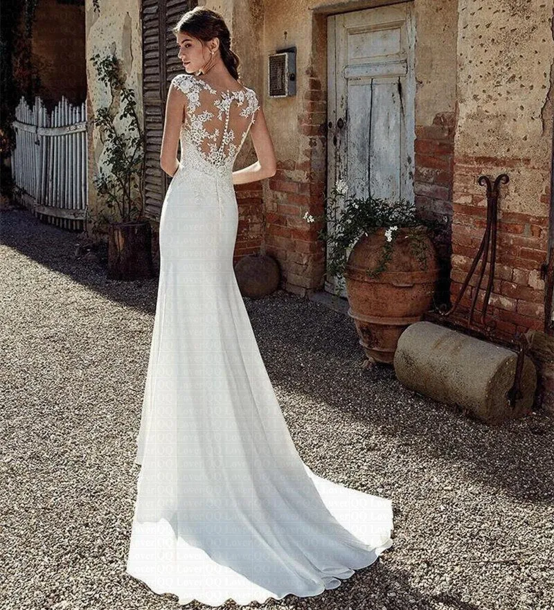 Wedding Dress Lace Appliques Sheer Bridal Dress Illusion Back