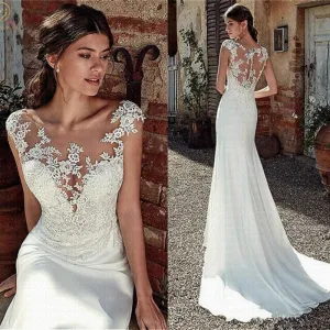 Wedding Dress Lace Appliques Sheer Bridal Dress Illusion Back