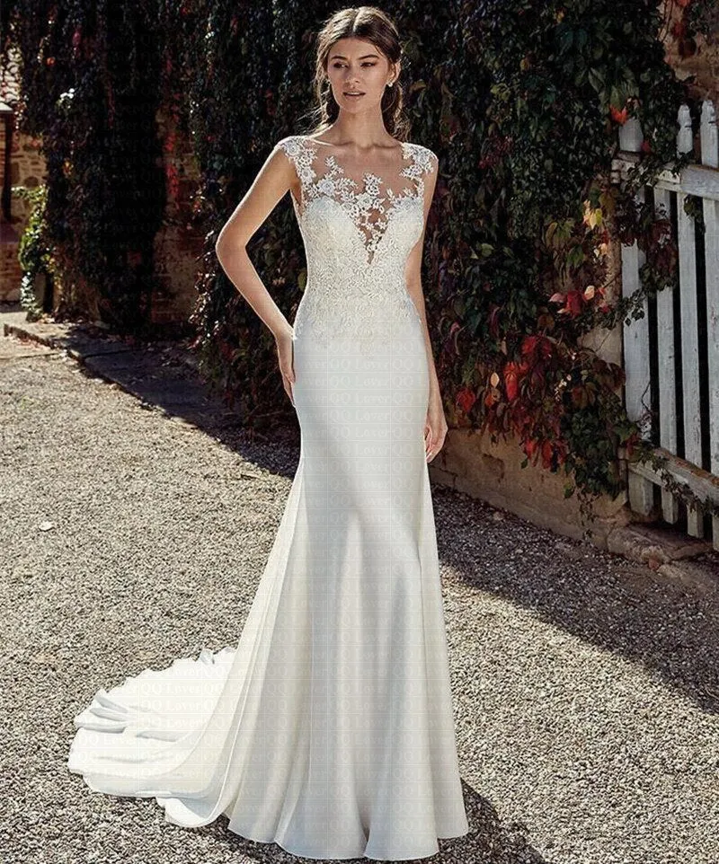 Wedding Dress Lace Appliques Sheer Bridal Dress Illusion Back