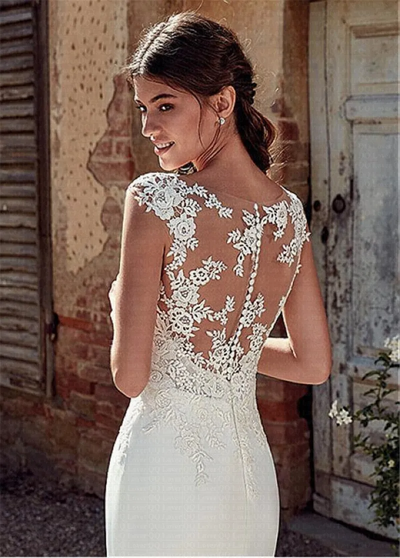Wedding Dress Lace Appliques Sheer Bridal Dress Illusion Back