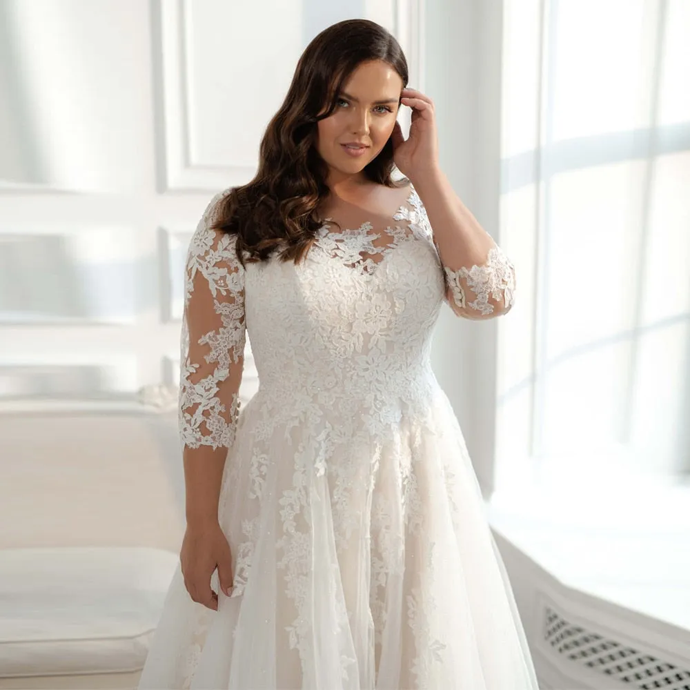 Wedding Dress Plus Size 3/4 Sleeves Glitter Tulle Lace Bride Dresses Big Size