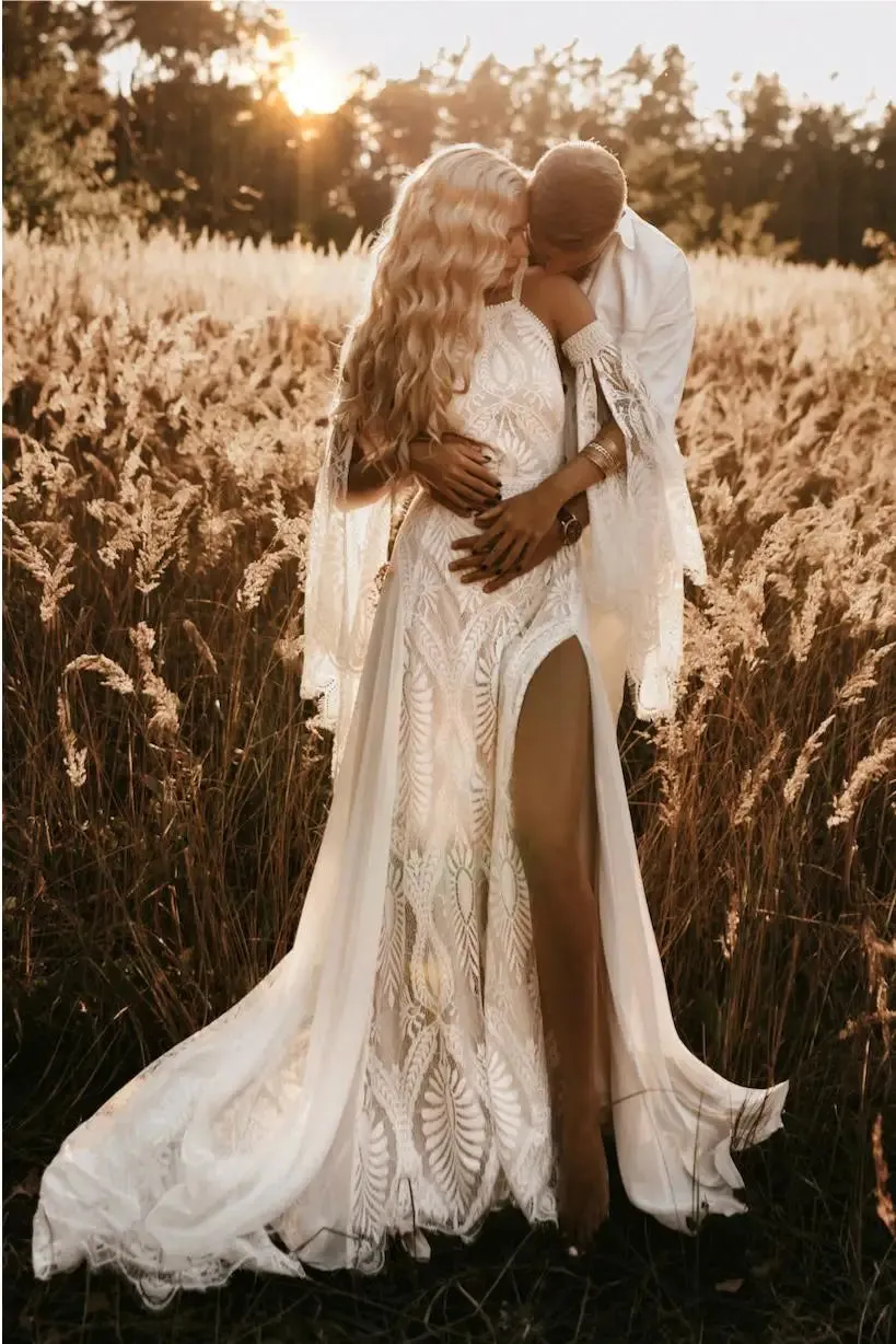 Wedding Dress With Slit Backless Chic Civil Bohemian Wedding Dresses