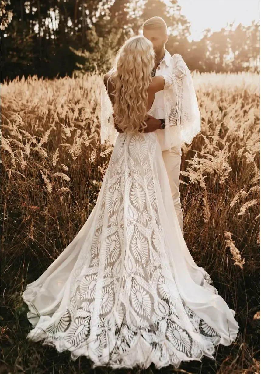 Wedding Dress With Slit Backless Chic Civil Bohemian Wedding Dresses