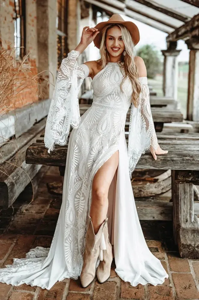 Wedding Dress With Slit Backless Chic Civil Bohemian Wedding Dresses