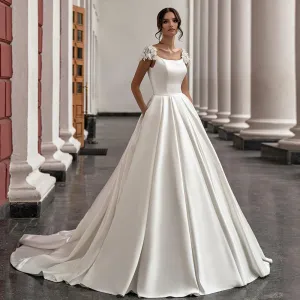 Wedding Dresses Cap Sleeve Scoop Neck Flowers Court Train A Line Princess