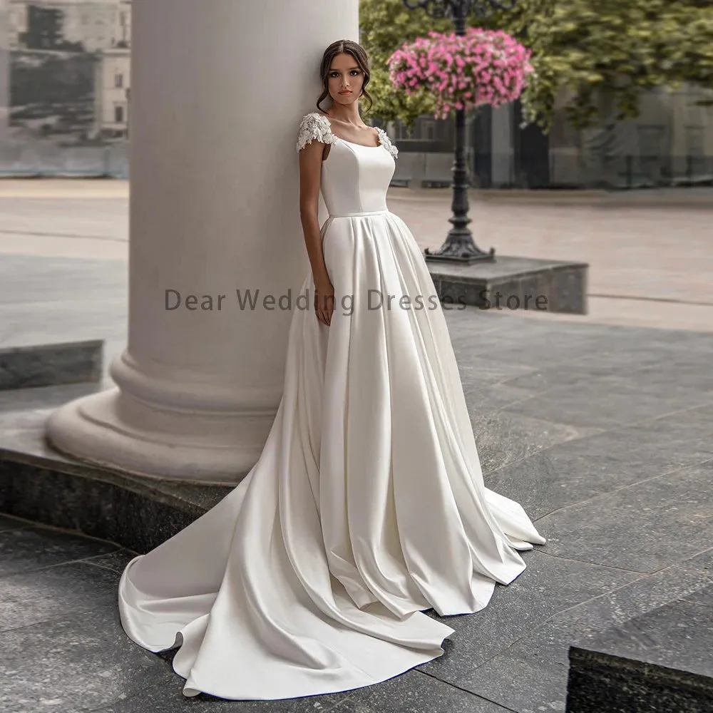 Wedding Dresses Cap Sleeve Scoop Neck Flowers Court Train A Line Princess