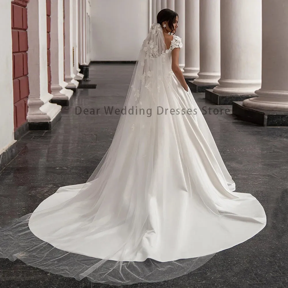 Wedding Dresses Cap Sleeve Scoop Neck Flowers Court Train A Line Princess
