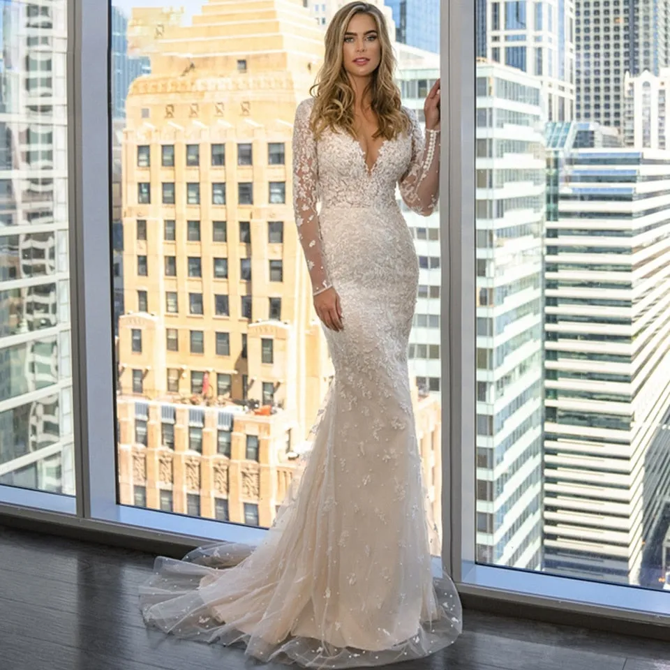 Wedding Dresses Detachable 2 In 1 Lace Appliques With Train V-Neck