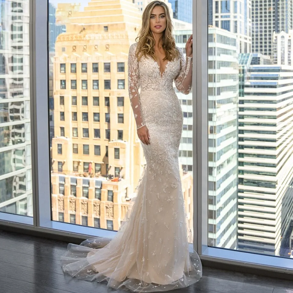 Wedding Dresses Detachable 2 In 1 Lace Appliques With Train V-Neck