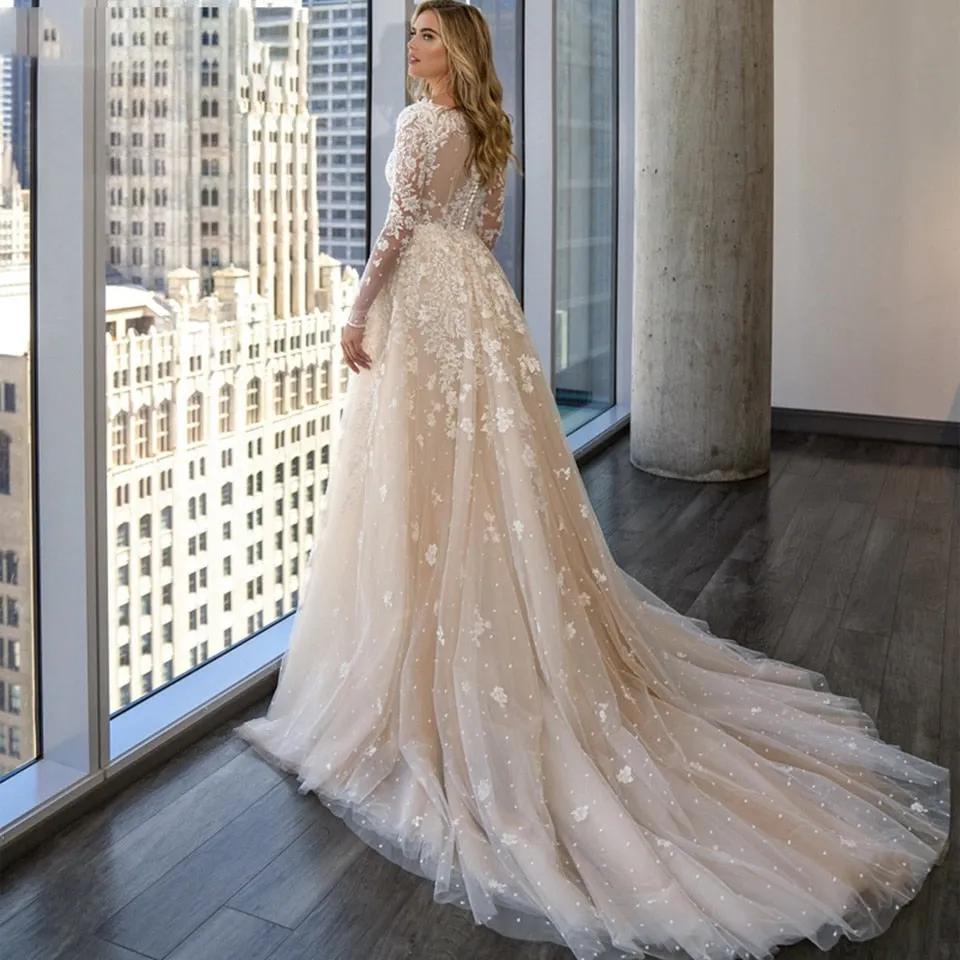 Wedding Dresses Detachable 2 In 1 Lace Appliques With Train V-Neck
