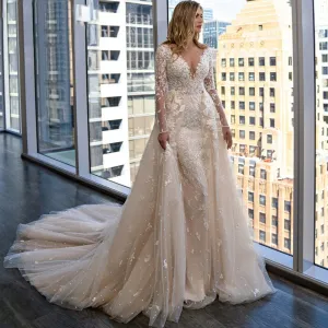 Wedding Dresses Detachable 2 In 1 Lace Appliques With Train V-Neck