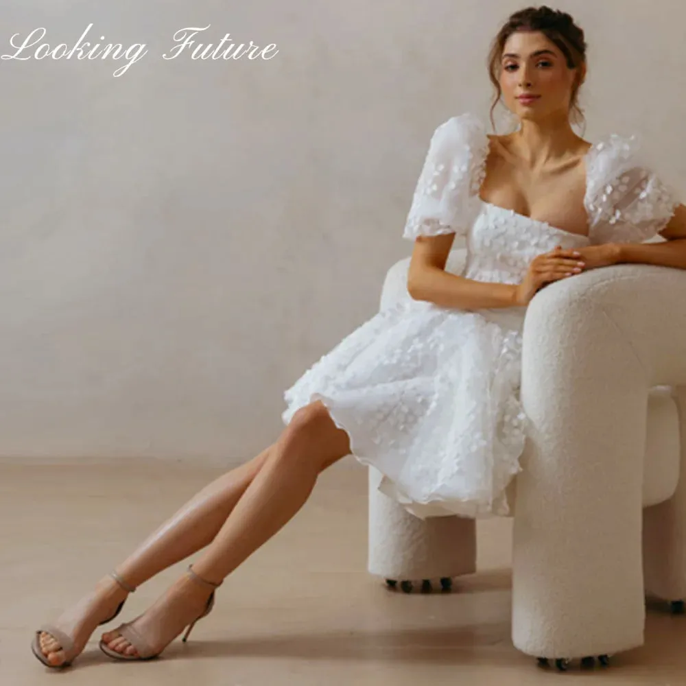 Wedding Dresses Lace Up Puffy Puff Sleeves Square Neck Bridal Party Gowns