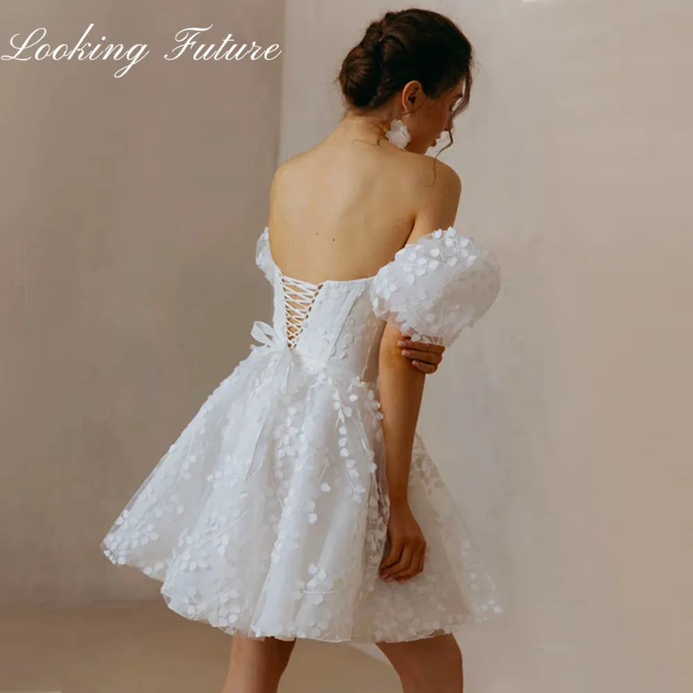 Wedding Dresses Lace Up Puffy Puff Sleeves Square Neck Bridal Party Gowns