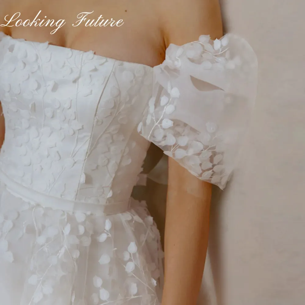 Wedding Dresses Lace Up Puffy Puff Sleeves Square Neck Bridal Party Gowns