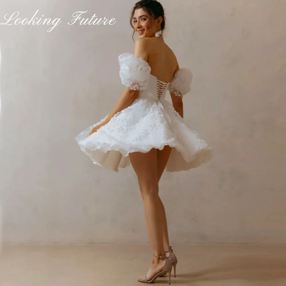Wedding Dresses Lace Up Puffy Puff Sleeves Square Neck Bridal Party Gowns