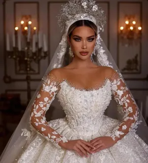 Wedding Dresses Long Sleeves Sequins Beads Sheer