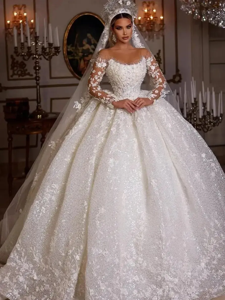 Wedding Dresses Long Sleeves Sequins Beads Sheer