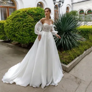 Wedding Dresses Off The Shoulder Long Puff Sleeves Lace