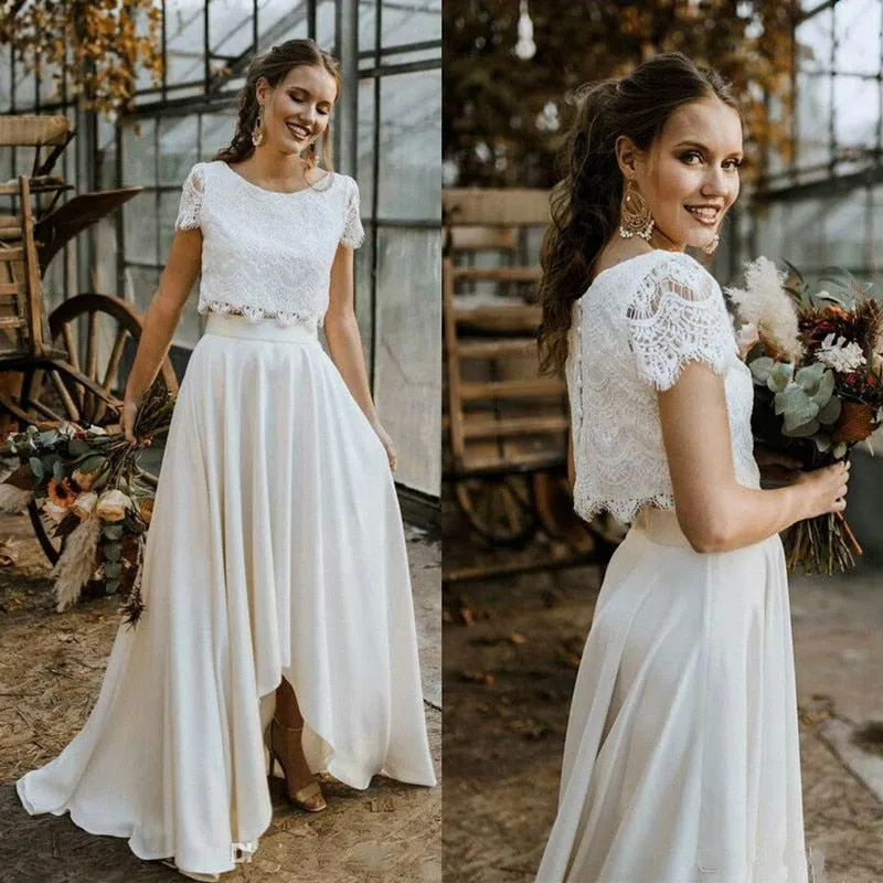 Wedding Dresses Two Pieces Lace Top with Short Sleeve Bridal Gown
