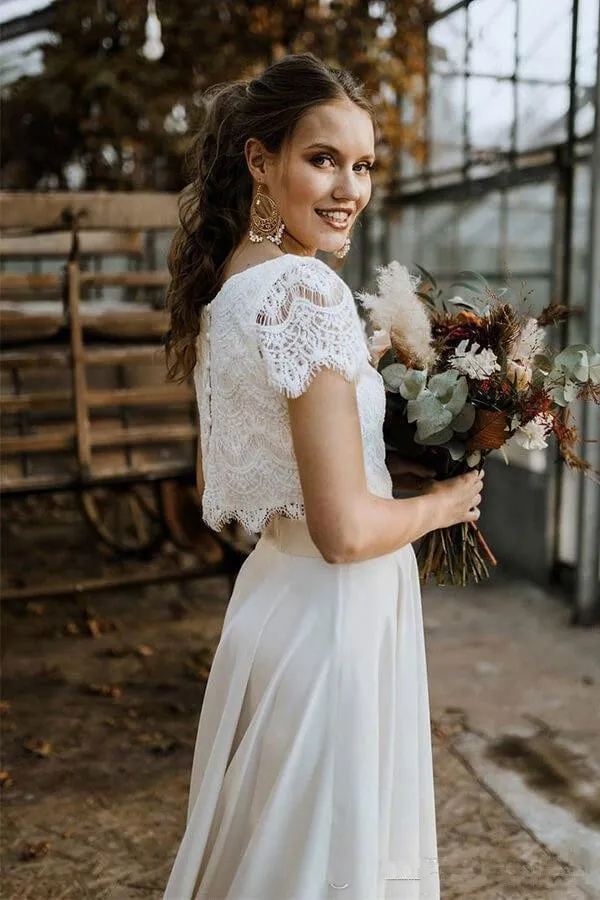 Wedding Dresses Two Pieces Lace Top with Short Sleeve Bridal Gown