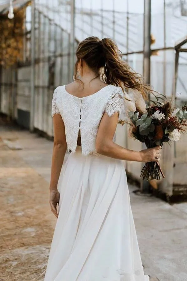 Wedding Dresses Two Pieces Lace Top with Short Sleeve Bridal Gown
