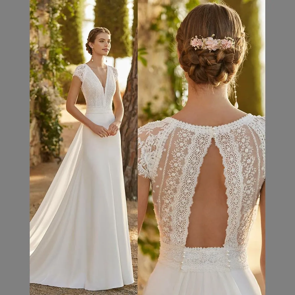 Wedding Dresses With Detachable Train V-Neck Cap Sleeves Bride Gowns