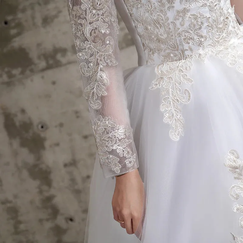 Wedding Guest Dresses: Bridal wedding dress Embroidered Lace on Net Full-sleeve Lace
