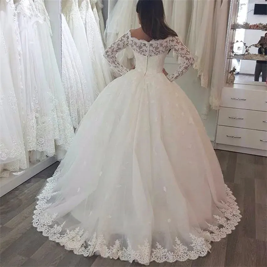 Wedding Guest Dresses: White Appliques Long Sleeves Puffy Wedding Dresses Ball Gowns