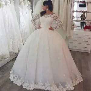 Wedding Guest Dresses: White Appliques Long Sleeves Puffy Wedding Dresses Ball Gowns