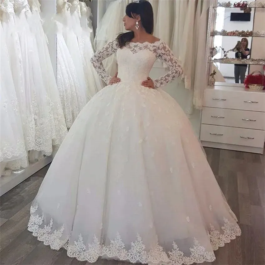 Wedding Guest Dresses: White Appliques Long Sleeves Puffy Wedding Dresses Ball Gowns