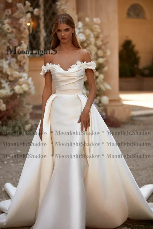 Wedding Guest Dresses:Train Women Long Dresses Party Satin Fabric 3D Blossoms