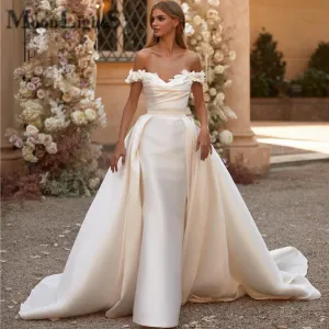 Wedding Guest Dresses:Train Women Long Dresses Party Satin Fabric 3D Blossoms