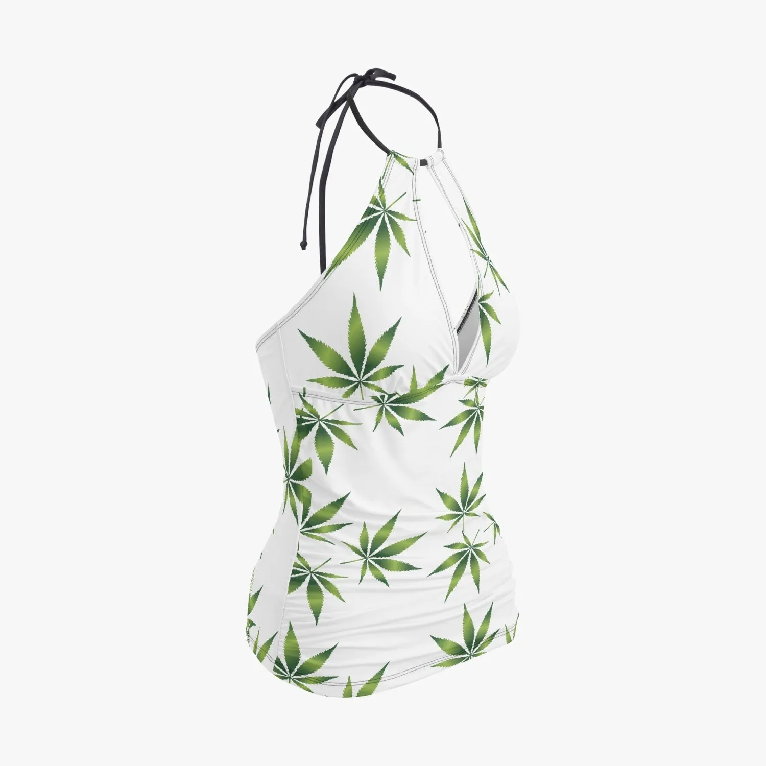 White and Green Potleaf Pattern Halter Top Two-Piece Tankini Swimsuit