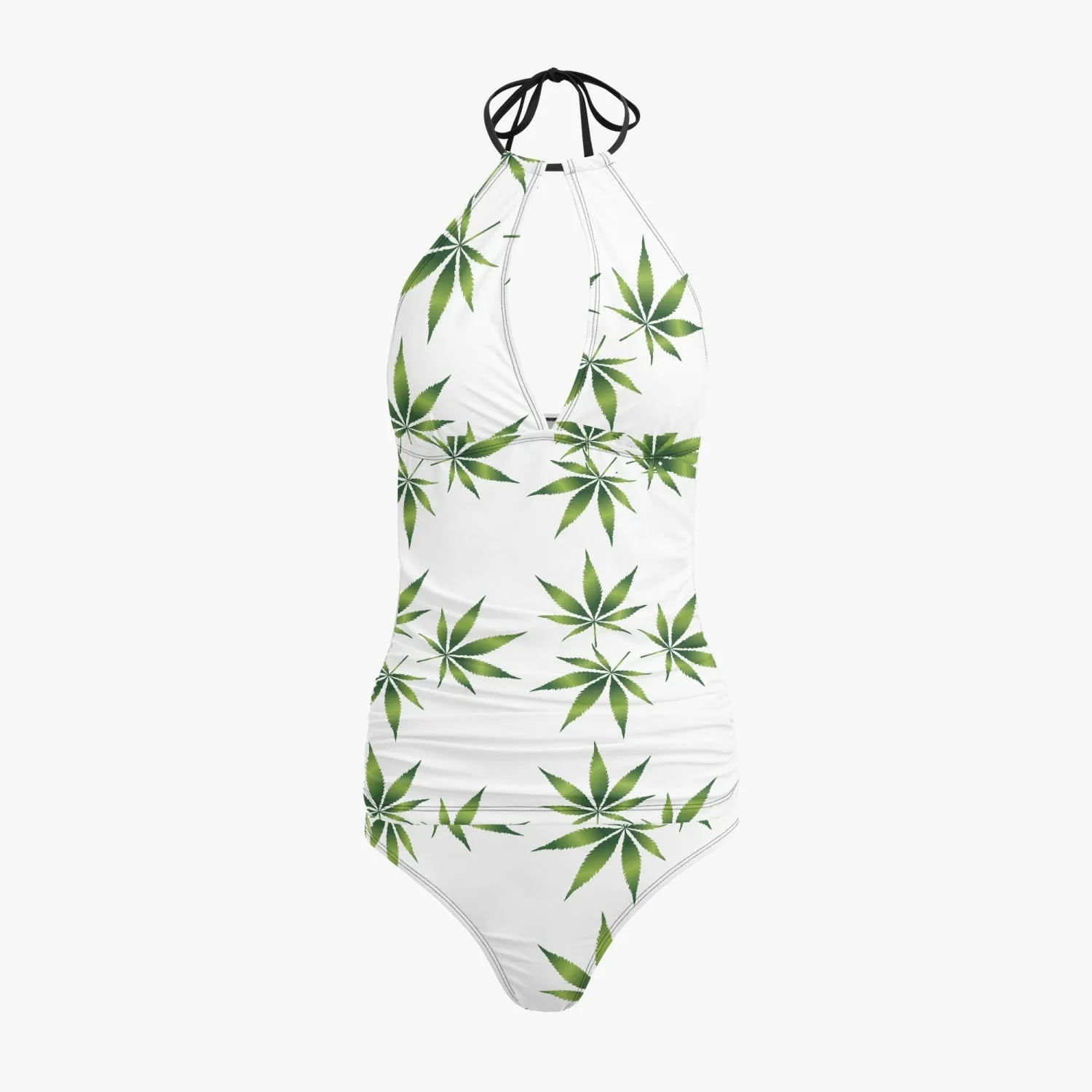 White and Green Potleaf Pattern Halter Top Two-Piece Tankini Swimsuit