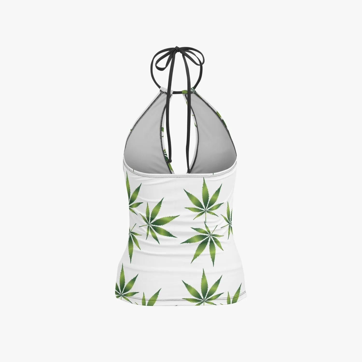 White and Green Potleaf Pattern Halter Top Two-Piece Tankini Swimsuit