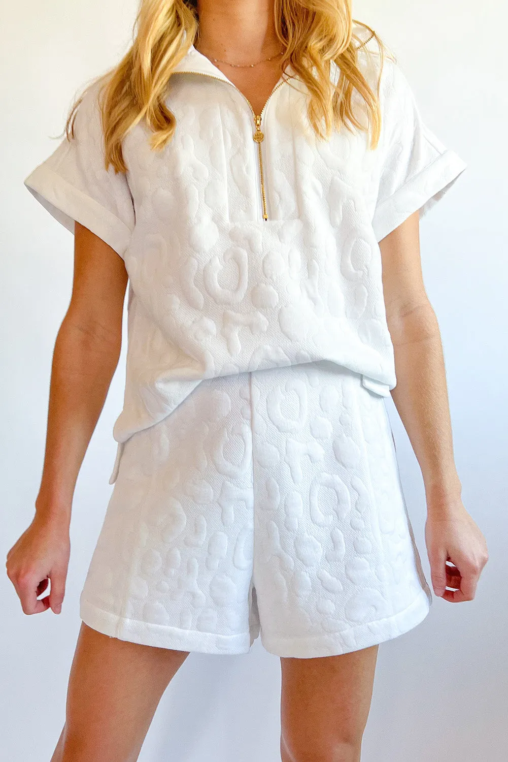 White Leopard Jacquard Quarter Zip Tee and Shorts Set