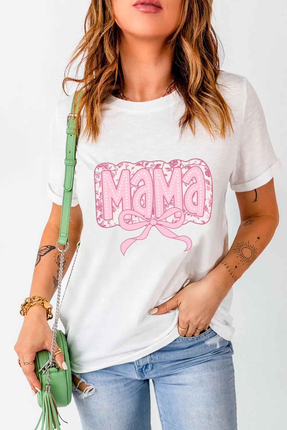 White MaMa Bowknot Graphic Crewneck Mothers Day T Shirt